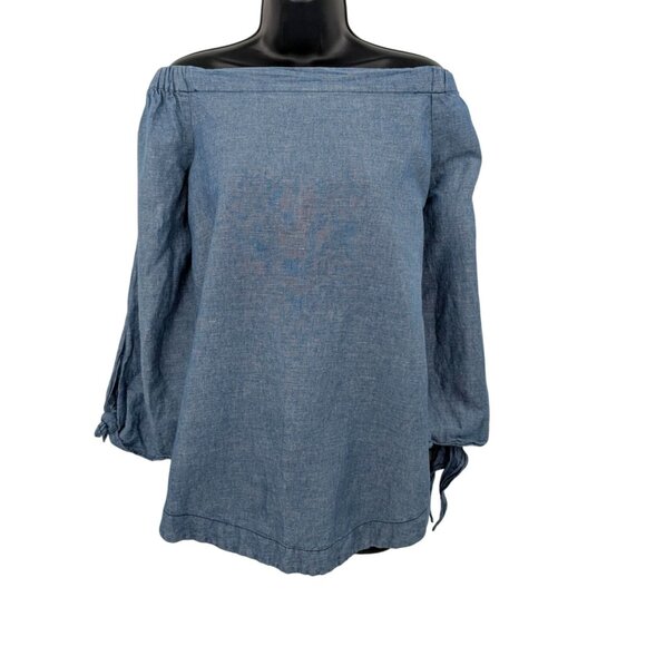 Free People Chambray Off Shoulder Top Women Size M Linen Blend Boho Tunic Casual - Picture 1 of 10